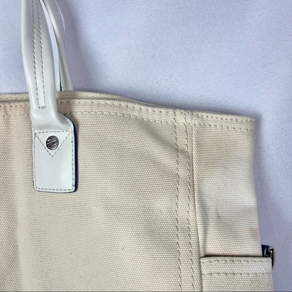 Diane Von Furstenberg DVF Waxed Canvas Signed Beach Tote  Diane Von‎ Furstenberg Beige & Blue Canvas Beach Tote